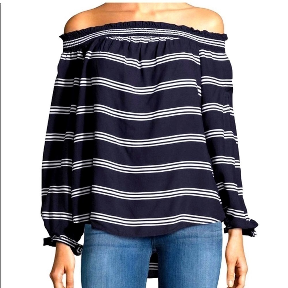 Beachlunchlounge Collection Navy Blue & White Off the Shoulder Striped Blouse XS